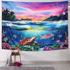 FENDROM Ocean Sea Turtle Tapestry Sunset Underwater World Tapestries Tropical Fish Landscape Wall Hanging for Bedroom Living Room Dorm