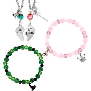 2 Sets Matching Bracelets and Necklaces, Green Pink Friendship Bracelets Hat Crown Jewelry Matching Necklaces Movie Stuff Gifts for Women