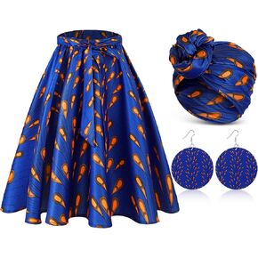 3 Pcs Women Traditional African Dashiki Skirt Costume Bohemian Head Wrap Scarf Drop Dangle Earring