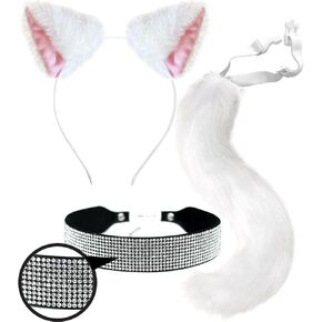 OLYPHAN Cat Costume Accessories White Ears and Tail Costumes Set Furry Long Tale Faux Fur Cat Ears Headband Rhinestone Choker Necklace - Animal Halloween for Women/Adults Cosplay
