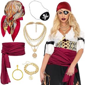 6 Pcs Women Pirate Costume Set for Men, Pirate Accessories with Bandana Hat Head Scarf Eye Patch Sash Belt for Party Outfit