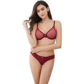 Women's See Through Sheer Mesh Unlined Underwire Everyday Bra and Panties