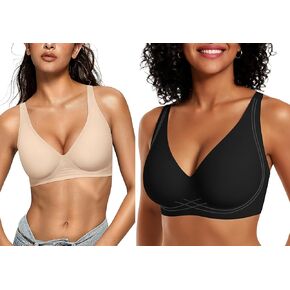 OEAK Womens Deep V Bras Wireless Beige M+Comfortable Plunge Bras Supportive Bra Black M