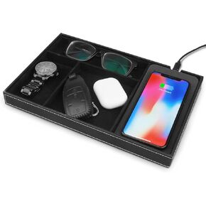 TopMade Valet Tray with Wireless Charging Pad, Nightstand Organizer, Faux Leather Charging Station Dresser Organizer, Jewelry Box for Men, Birthday Gifts for Dad, Gifts for Men Women(Black)
