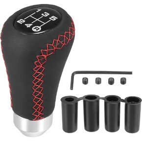 X AUTOHAUX Black Universal 5 Speed Auto Car Gear Lever Shifter Manual Stick Shift Knob PU Leather Red Stitches