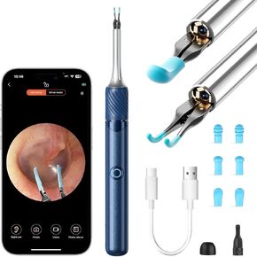 إزالة شمع الأذن - 2 -في 1 otoscope البصرية - ملاقط نظافة الأذن مع 6 ملعقة الأذن - مجموعة أذن شمع الأذن مع منظف الأذن مع الكاميرا - منظف الأذن لـ iOS & Android (الأزرق)