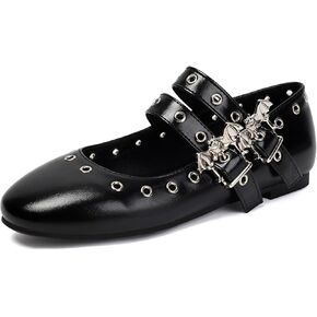 Women's Punk Ballet Flats Round Toe Mary Jane Metal Eyelet Studded Grommet Double Buckle Anckle Straps Shoes