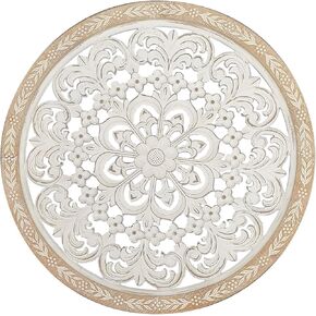 Farmhouse Wooden Carved Floral Wall Hanging Decor, Round Bohemian Wall Art, Cutout Mandala Wall Sculptures for Living Room, Bedroom, Kitchen, Entryway, 25’’