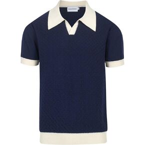 OXKNIT Mens Knit Polo Shirts Short Sleeve Textured Dark Blue Polo Shirt Casual Shirts with White Collared