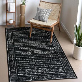 Boho Black and White 5x7 Area Rugs for Living Room, Large Washable Rug for Bedroom Dining Room, Moroccan Geometric Distressed Throw Carpet for Entryway Kitchen Playroom Office(5 x 7,Black)