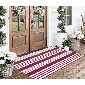 Front Porch Rug 24'' x 51'' Red and White Striped Outdoor Rug Washable Front Door Mat Entryway Rugs Cotton Hand-Woven Reversible Welcome Layered Doormat Carpet for Kitchen/Bathroom/Living Room
