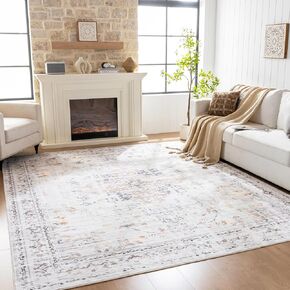 8x10 Washable Area Rug, Low Pile Large Rug with Non Slip Backing & Reinforced Edges, Ultra Soft Vintage Foldable Indoor Big Rug Carpet for Living Room, Bedroom, Dining Room, Office, Yellow