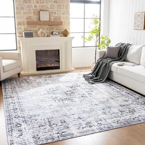 8x10 Washable Area Rug, Low Pile Large Rug with Non Slip Backing & Reinforced Edges, Ultra Soft Vintage Foldable Indoor Big Rug Carpet for Living Room, Bedroom, Dining Room, Office, Yellow in Saudi Arabia