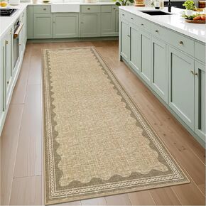 2x6 Runner Rug for Hallway Washable Kitchen Rugs Non Slip Solid Tan Jute Modern Minimalism Soft Low-Pile Scalloped Indoor Carpet for Entryway Laundry Room Floor Mats