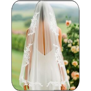 LeateDaily Lace Wedding Veils White Short Least Lightertip Lenm