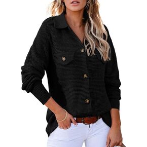 Astylish Women Waffle Knit Shacket Jacket Casual Long Sleeve Sweater Button Down Shirts Dressy Blouse Tops