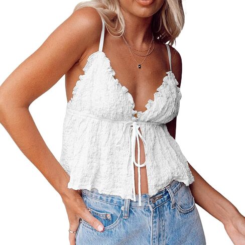 Women Tie Front Top Y2k Flowy Smocked Ruffle Backless Summer Going Out Tops in Kuwait