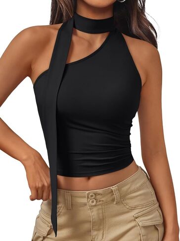 Trendy Queen Womens Going Out Summer One Shoulder Halter Crop Top 2025 Fashion Sexy Tie Shirts Cute Clothes in Saudi Arabia