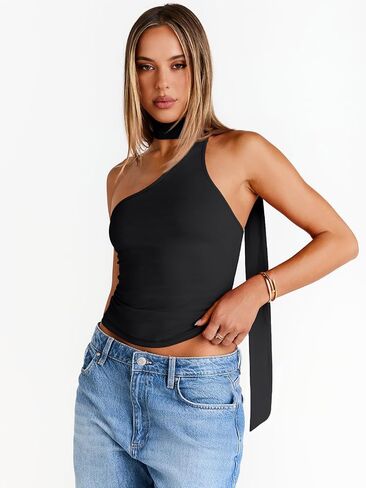 Trendy Queen Womens Going Out Summer One Shoulder Halter Crop Top 2025 Fashion Sexy Tie Shirts Cute Clothes in Saudi Arabia