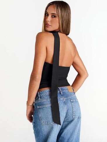 Trendy Queen Womens Going Out Summer One Shoulder Halter Crop Top 2025 Fashion Sexy Tie Shirts Cute Clothes in Saudi Arabia
