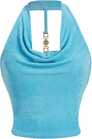 Milumia Women Ruched Halter Y2k Crop Tops Backless Cowl Neck Sleeveless Shirts in Saudi Arabia