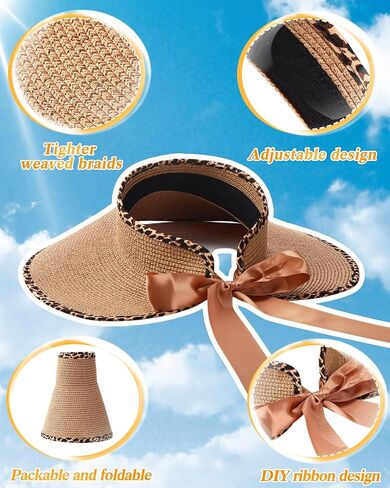 JaGely 3 Pieces Foldable Straw Sun Visors Hats Wide Brim Ponytail Summer Beach Hat Adjustable Sun Protection Hats for Women in Saudi Arabia