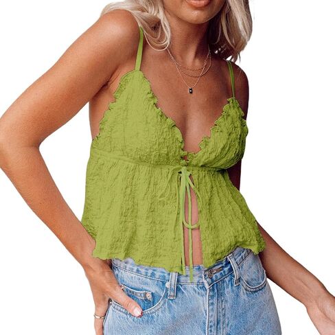 Women Tie Front Top Y2k Flowy Smocked Ruffle Backless Summer Going Out Tops in Kuwait