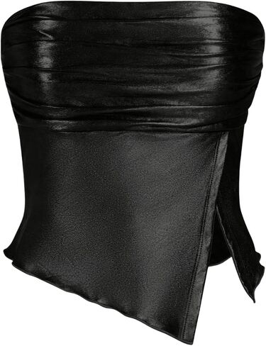 SHENHE Women's Metallic Split Hem Ruched Tube Bandeau Tank Strapless Party Rave Crop Top in Saudi Arabia