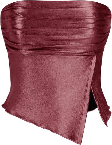 SHENHE Women's Metallic Split Hem Ruched Tube Bandeau Tank Strapless Party Rave Crop Top in Saudi Arabia