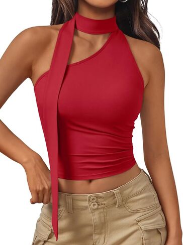Trendy Queen Womens Going Out Summer One Shoulder Halter Crop Top 2025 Fashion Sexy Tie Shirts Cute Clothes in Saudi Arabia