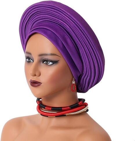 مسبقا مقبلات القبعة القبلة الإفريقية للنساء النيجيري Aso Oke Headtie Auto Gele Wrap for Wedding Party-200g in Kuwait