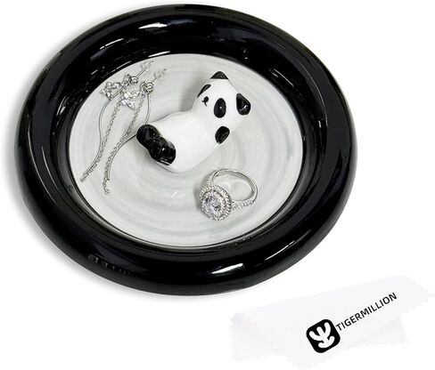 Small Ring Holder Dish with Jewelry Cleaning Cloth, Ceramic Panda Jewelry Dish Tray, Trinket Dish Jewelry Plate Earring Tray Panda Gifts for Women Birthday Engagement Wedding Christmas (Gray) in Saudi Arabia