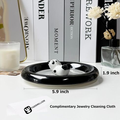 Small Ring Holder Dish with Jewelry Cleaning Cloth, Ceramic Panda Jewelry Dish Tray, Trinket Dish Jewelry Plate Earring Tray Panda Gifts for Women Birthday Engagement Wedding Christmas (Gray) in Saudi Arabia