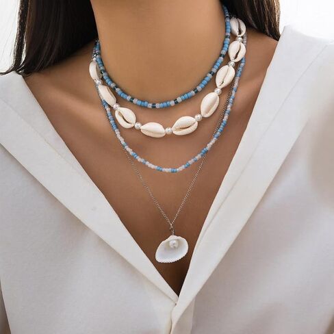Pearl Necklace Layered Necklaces Beach Necklaces Starfish Pendent Conch Pearl Choker Necks Gold Layered Jewelry Set for Women in Saudi Arabia