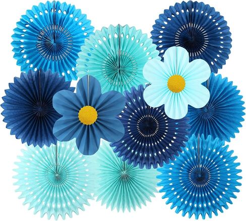 zilue Paper Fans Party Decorations Paper Flowers Decorations for Wall Classroom Floral Backdrop Baby Shower Birthday Party Flower Wall Decor Pack of 11 Blue in Kuwait