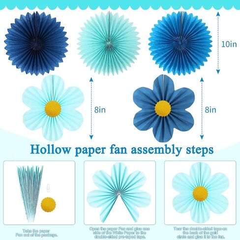 zilue Paper Fans Party Decorations Paper Flowers Decorations for Wall Classroom Floral Backdrop Baby Shower Birthday Party Flower Wall Decor Pack of 11 Blue in Kuwait
