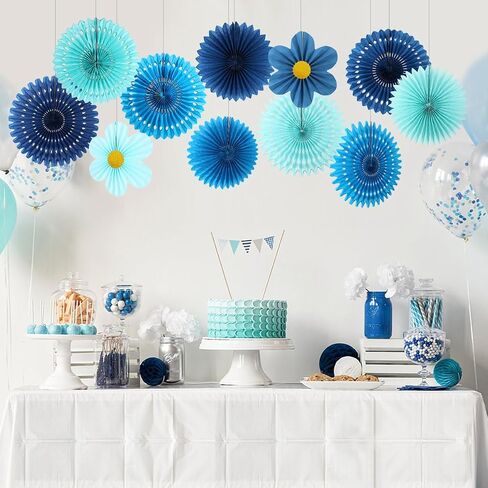 zilue Paper Fans Party Decorations Paper Flowers Decorations for Wall Classroom Floral Backdrop Baby Shower Birthday Party Flower Wall Decor Pack of 11 Blue in Kuwait