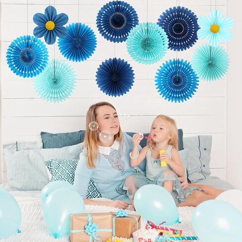 zilue Paper Fans Party Decorations Paper Flowers Decorations for Wall Classroom Floral Backdrop Baby Shower Birthday Party Flower Wall Decor Pack of 11 Blue in Kuwait