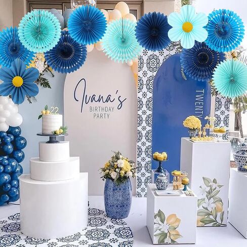 zilue Paper Fans Party Decorations Paper Flowers Decorations for Wall Classroom Floral Backdrop Baby Shower Birthday Party Flower Wall Decor Pack of 11 Blue in Kuwait