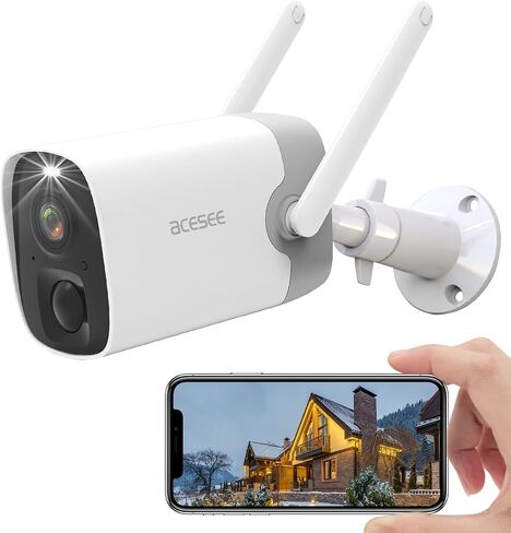 acesee 2K كاميرا مراقبة لاسلكية في الهواء الطلق - كاميرا تعمل بالبطارية مع رؤية ليلية ملونة 1080 بكسل 2.4 جيجا هرتز واي فاي كاميرا كشاف مع كشف الحركة بالذكاء الاصطناعي ثنائي الاتجاه السحابي / SD - أبيض in Saudi Arabia