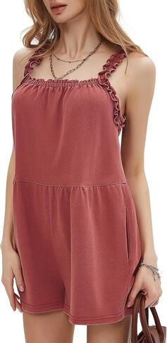 EXLURA Women's Summer Casual Denim Rompers Ruffle Strap Shorts Jean Short Jumpsuit with Pockets in Saudi Arabia