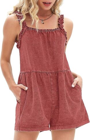 EXLURA Women's Summer Casual Denim Rompers Ruffle Strap Shorts Jean Short Jumpsuit with Pockets in Saudi Arabia