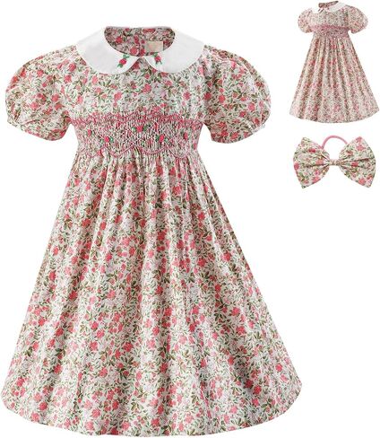 Girl Spring Summer Dress Smocked Floral Toddler Girl Smocked Vintage Birthday Tea Party Preschool Kindergarten Dresses in Saudi Arabia