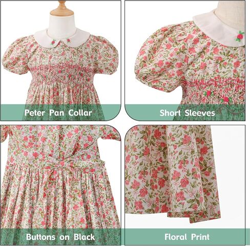 Girl Spring Summer Dress Smocked Floral Toddler Girl Smocked Vintage Birthday Tea Party Preschool Kindergarten Dresses in Saudi Arabia