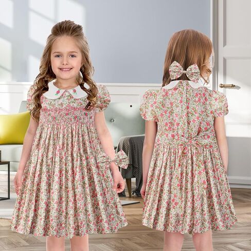 Girl Spring Summer Dress Smocked Floral Toddler Girl Smocked Vintage Birthday Tea Party Preschool Kindergarten Dresses in Saudi Arabia