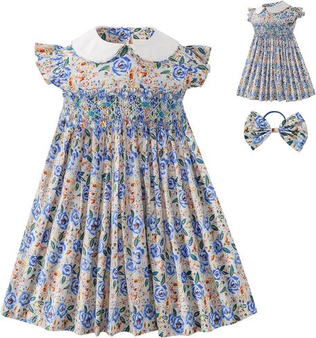 Girl Spring Summer Dress Smocked Floral Toddler Girl Smocked Vintage Birthday Tea Party Preschool Kindergarten Dresses in Saudi Arabia