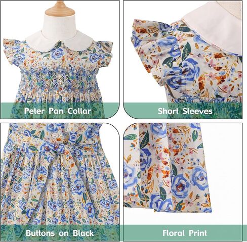 Girl Spring Summer Dress Smocked Floral Toddler Girl Smocked Vintage Birthday Tea Party Preschool Kindergarten Dresses in Saudi Arabia