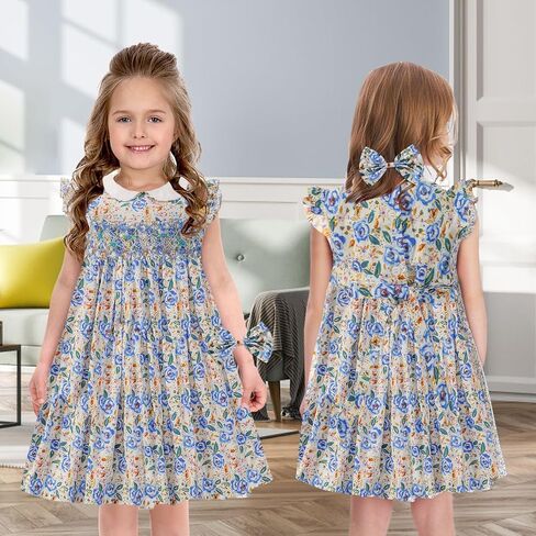 Girl Spring Summer Dress Smocked Floral Toddler Girl Smocked Vintage Birthday Tea Party Preschool Kindergarten Dresses in Saudi Arabia