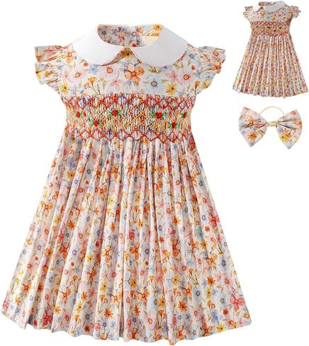 Girl Spring Summer Dress Smocked Floral Toddler Girl Smocked Vintage Birthday Tea Party Preschool Kindergarten Dresses in Saudi Arabia