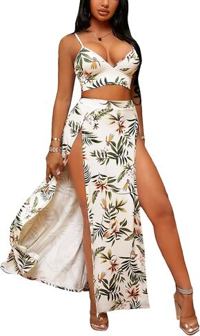 Verdusa Women's 2 Piece Boho Outfits Tropical Print Crop Cami Top and Split Thigh Wrap Skirt Set in Saudi Arabia